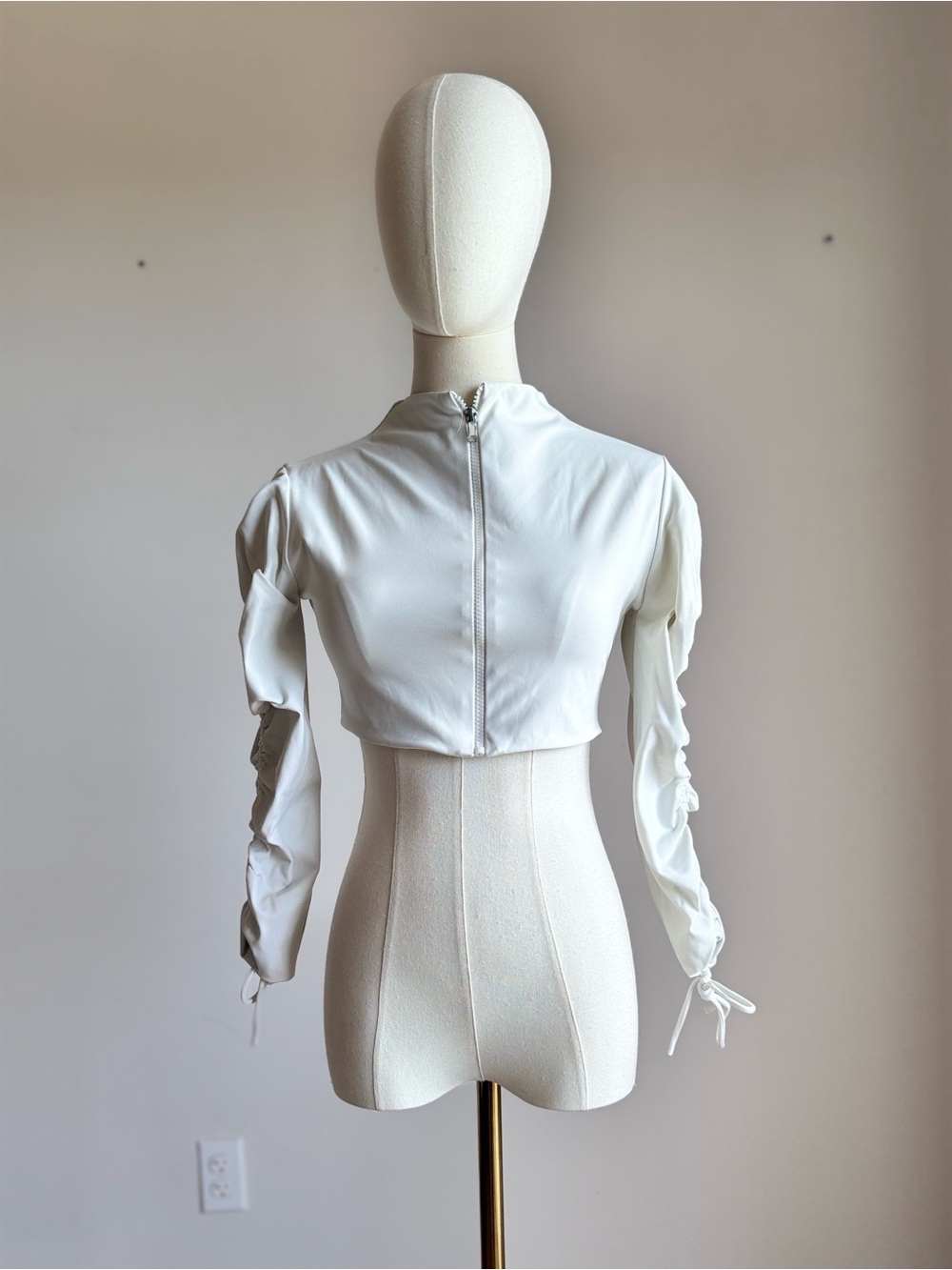 Port de Bras Off-White Ruched Long Sleeve Cropped Shrug Top